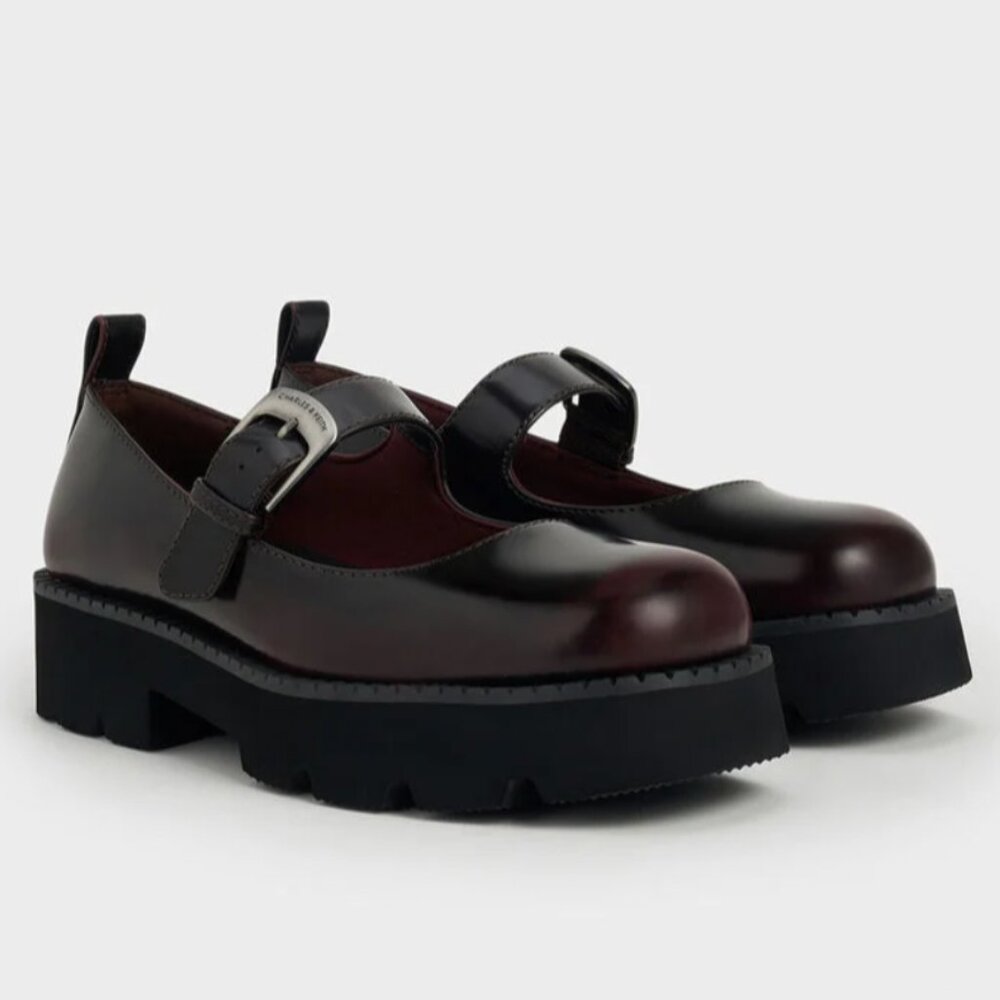 Buckled Ridged-Sole Chunky Mary Janes - Burgundy